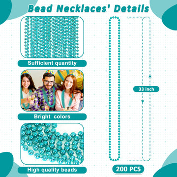 Huskein 200PCS Mardi Gras Beads, 33'' Mardi Gras Accessories, Lakeblue Bead Necklaces, Parade Party Beads Bulk Women Men Party F