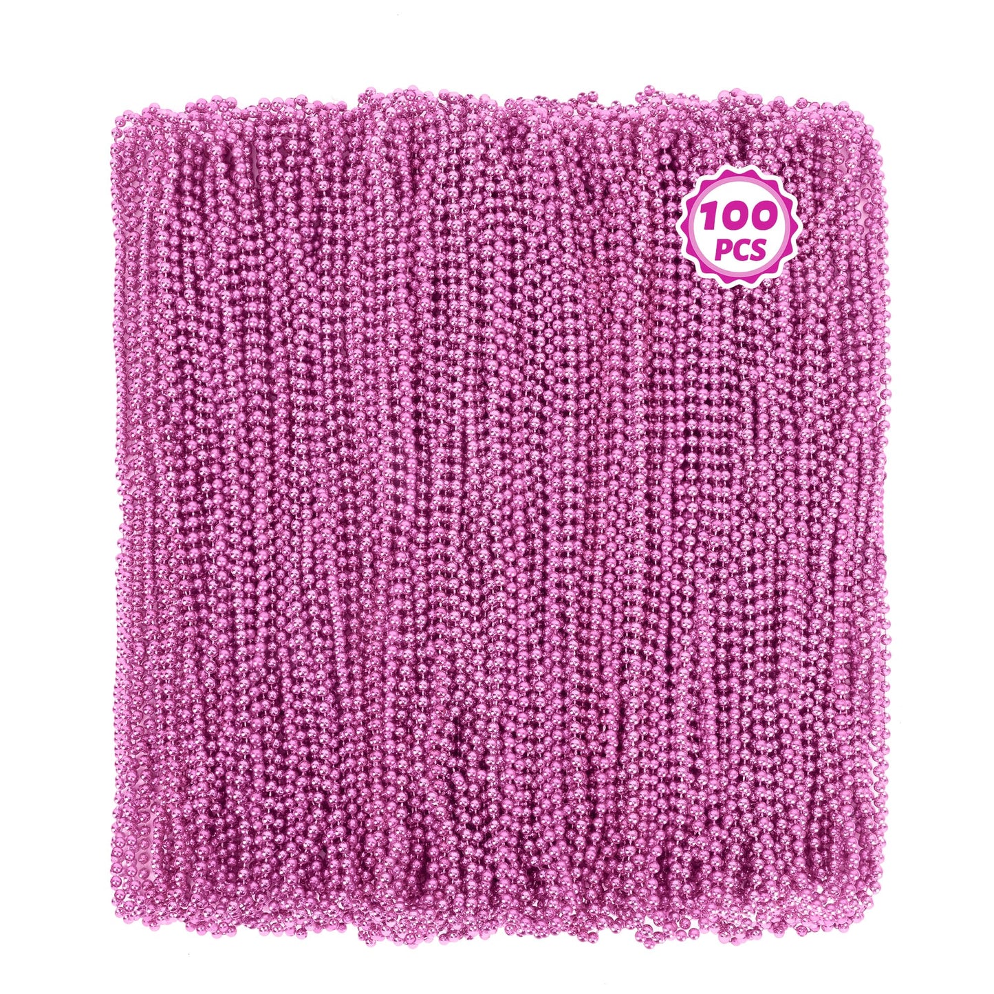100 PCS Pink Mardi Gras Beads Necklaces, Breast Cancer Awareness Accessories Set, 33'' Round Carnival Beaded Necklaces, Party Co