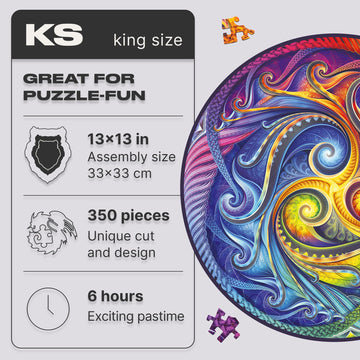 Unidragon Original Wooden Jigsaw Puzzles - Mandala Spiral Incarnation, 350 Pcs, King Size 13'X13', Beautiful Gift Package, Unique Shape Best Gift For Adults And Kids