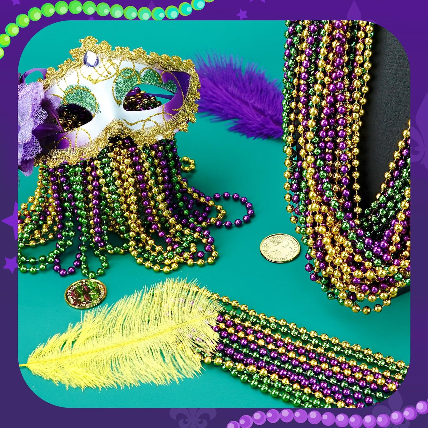 ZZYFGH 12PCS Mardi Gras Beads, Gold Green Purple Mardi Gras Metallic Beads Costumes Necklaces Bulk, 33'' Mardi Gras Necklace Wom