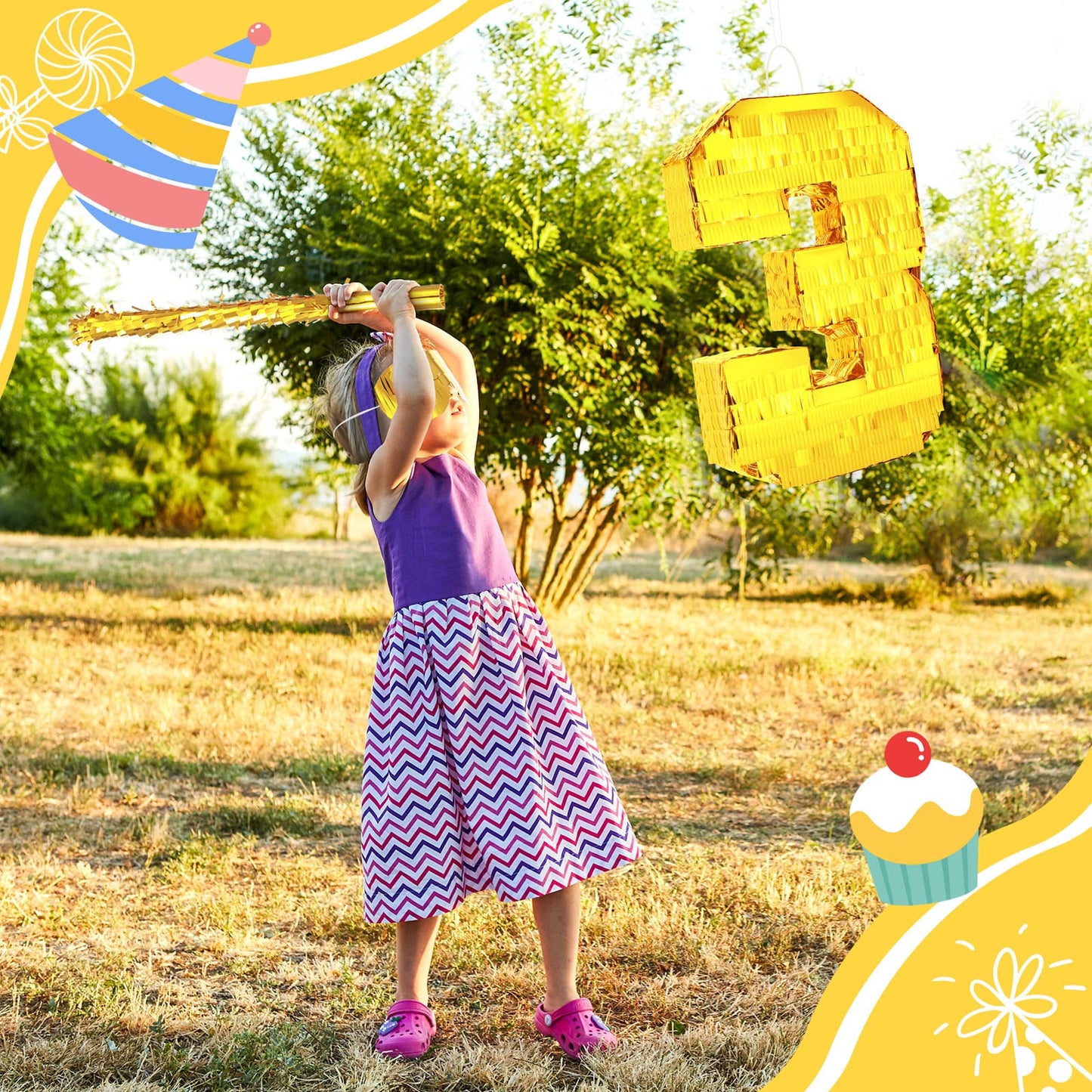Sratte Number Piñata Birthday Piñata Decorations Gold Foil Piñata With Stick Blindfold Confetti For Boy Girl Birthday Party Decorations Anniversary Celebrations Fiesta Supplies(Number 3)