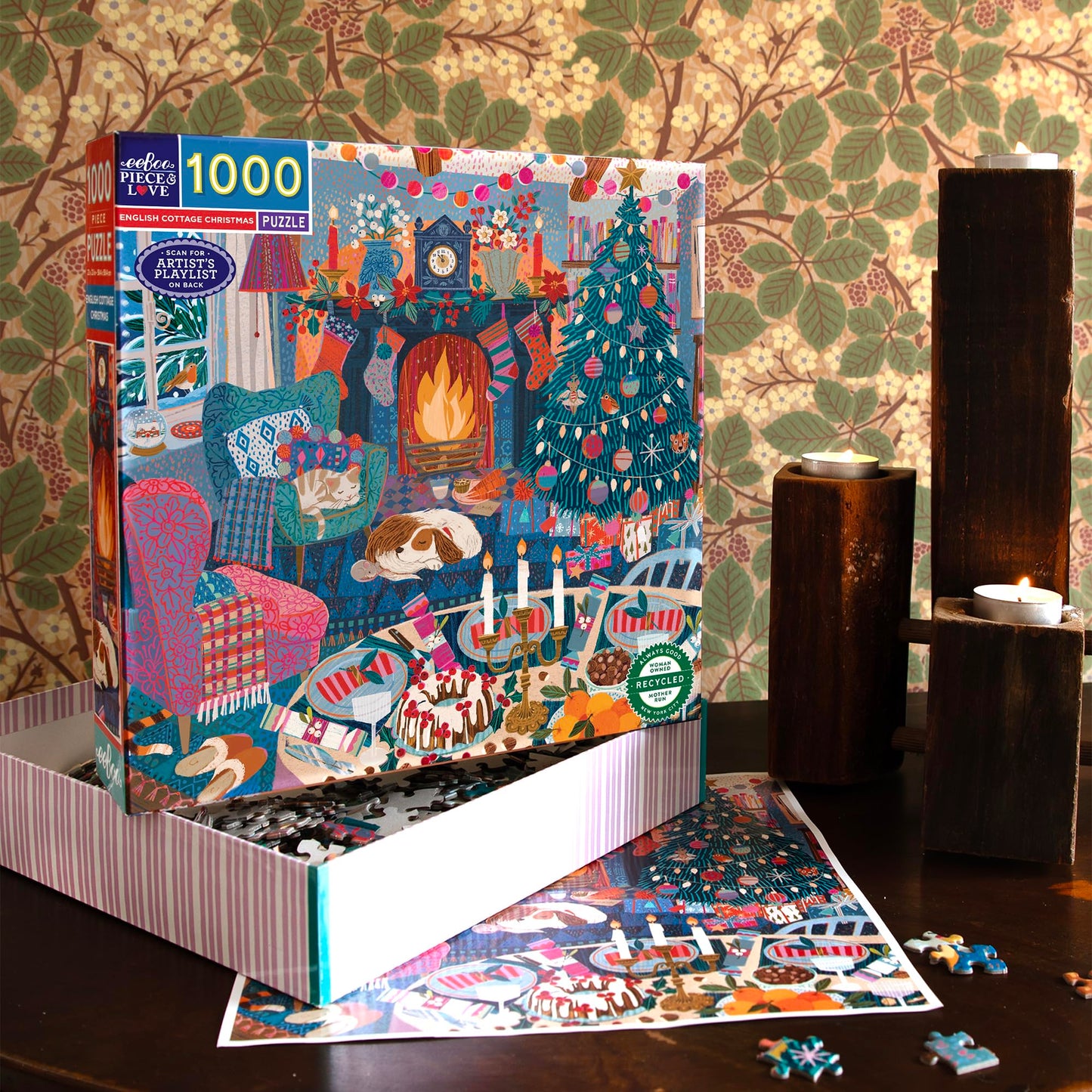 Eeboo Piece & Love: English Cottage Christmas - 1000 Piece Puzzle - Adult Square Jigsaw, 23X23, Includes Image Reference Insert, Pieces