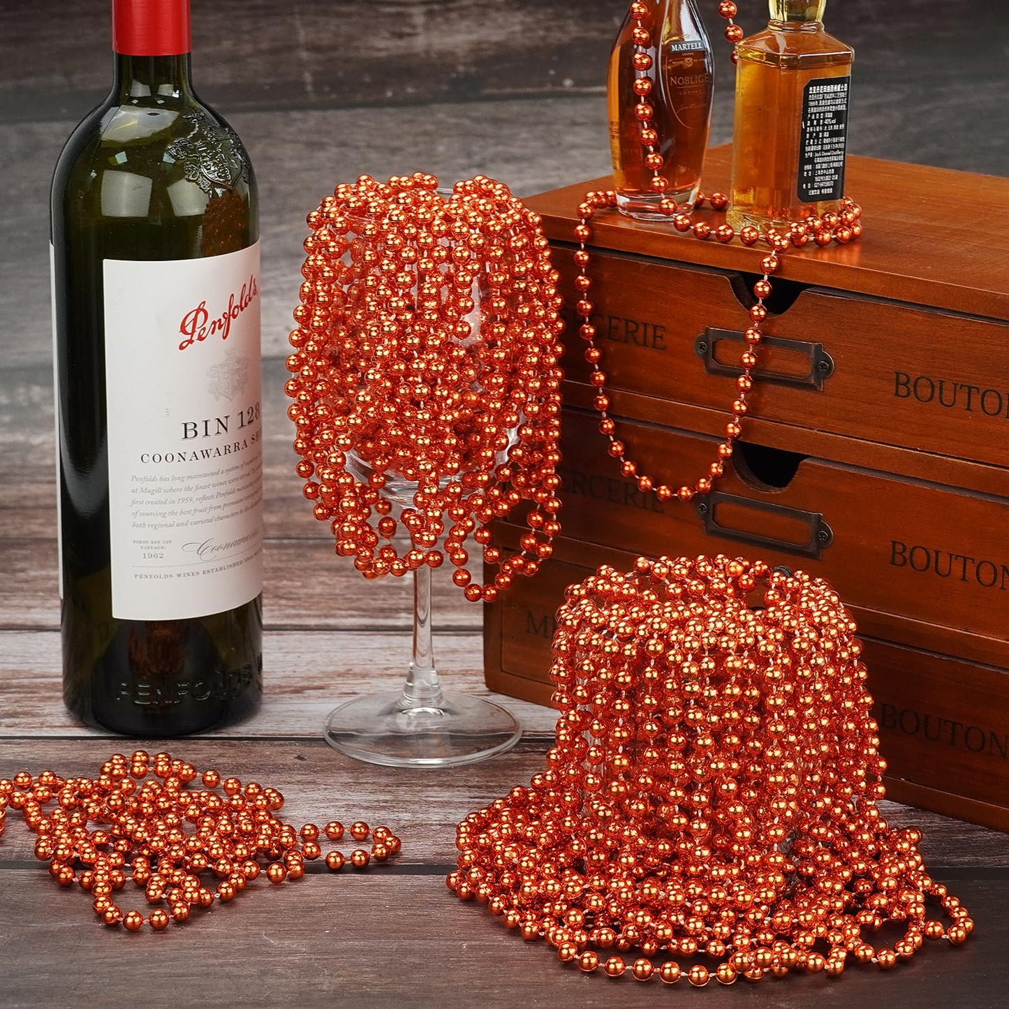 YAXINRUI 33 Inch 7 mm Metallic Orange Bead Necklaces, 15pcs Mardi Gras Beads Bulk Round Beaded Necklaces Costume Necklace for Ma