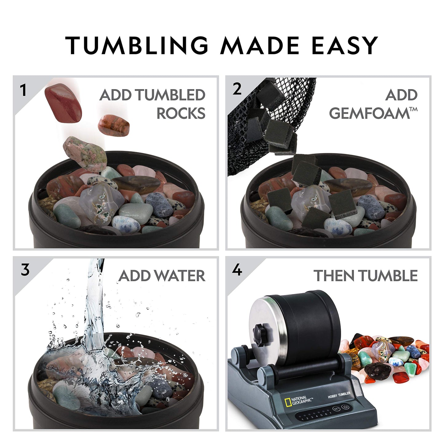 NATIONAL GEOGRAPHIC Rock Tumbling Media - GemFoam Reusable Foam, Black, Medium Size, Enhances Shine for Tumbled Rocks and Minerals