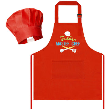 R HORSE 2Pcs Kid Apron and Chef Hat Set Adjustable Children Red Kitchen Apron Cooking Baking Painting and Training Kits Dress up