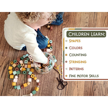 Lmc Products Wooden Lacing Beads & Strings 125 Pieces, Fine Motor Skills Toys For 3 Year Old, Fine Motor Toys, Toy Lacing Beads For Toddlers - Boho Colors