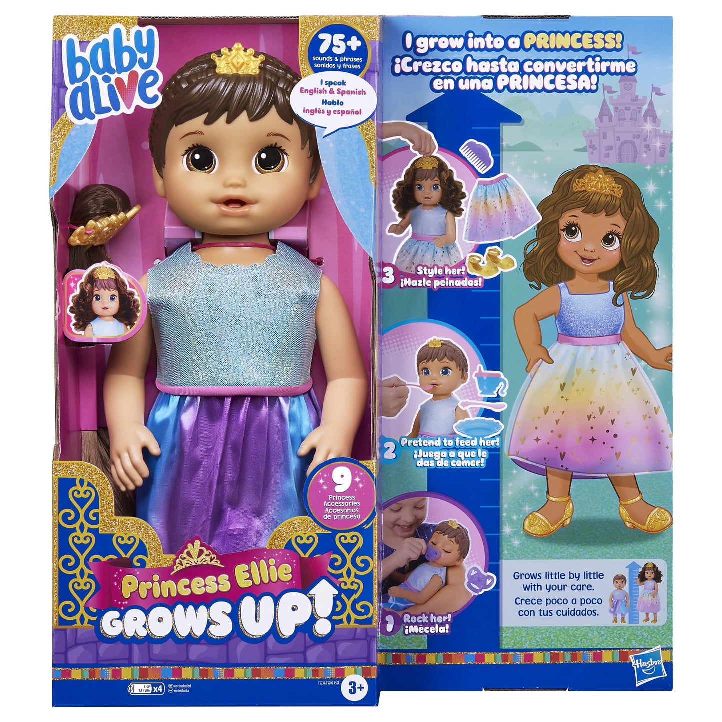 Baby Alive Princess Ellie Grows Up! Brown Hair, Interactive Doll With Accessories, Toys For 3+ Years Old Girls And Boys, 18-Inch
