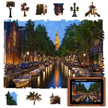 Unidragon Original Wooden Jigsaw Puzzles - City Evening Amsterdam, 125 Pcs, Small 9'X6.2', Beautiful Gift Package, Unique Shape Best Gift For Adults And Kids