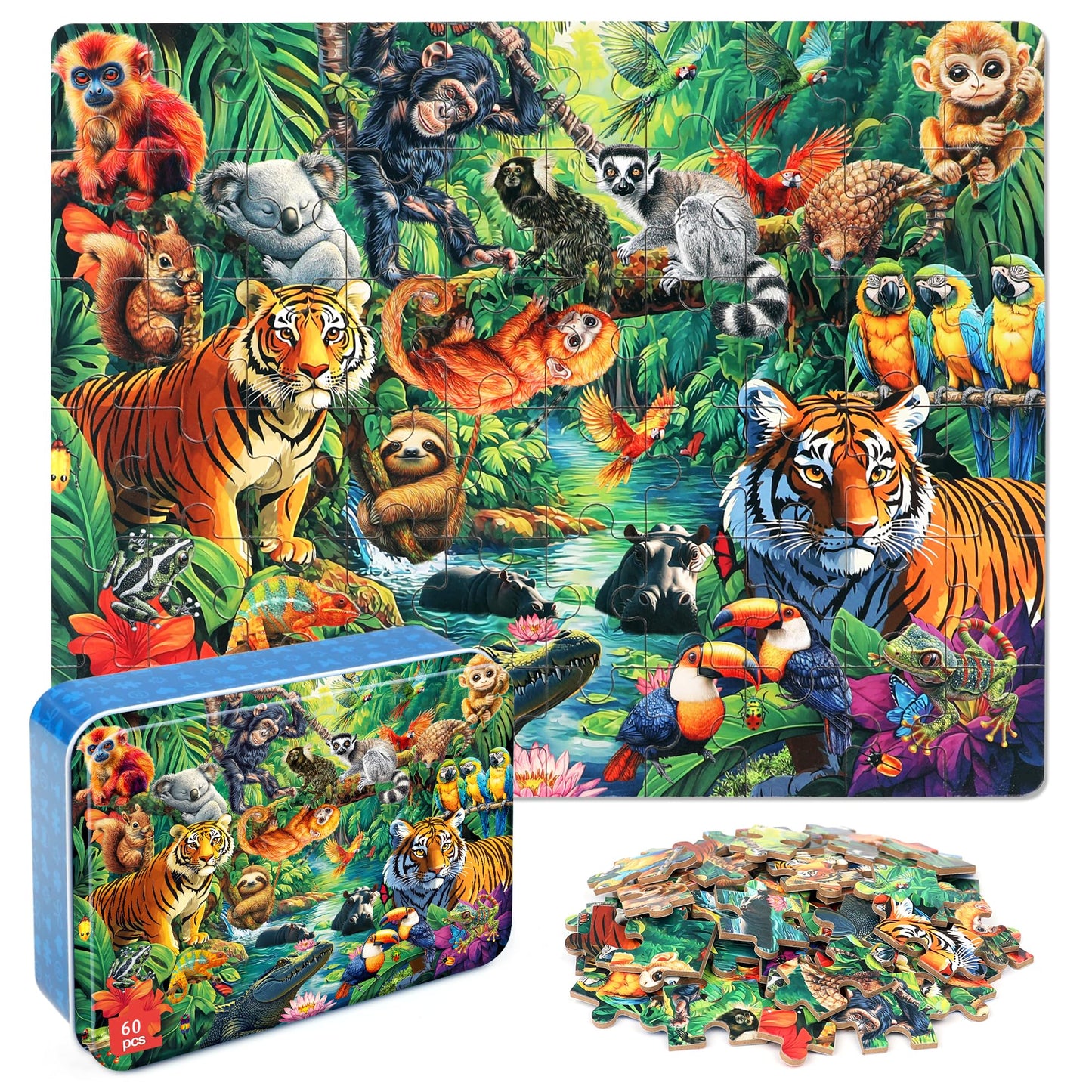 Lelemon Puzzles For Kids Ages 4-6, Jungle Puzzle 60 Piece Puzzles For Kids In A Metal Box, Educational Kids Puzzles Jigsaw Puzzles Childrens Puzzle Games Puzzle Toys For Girls And Boys