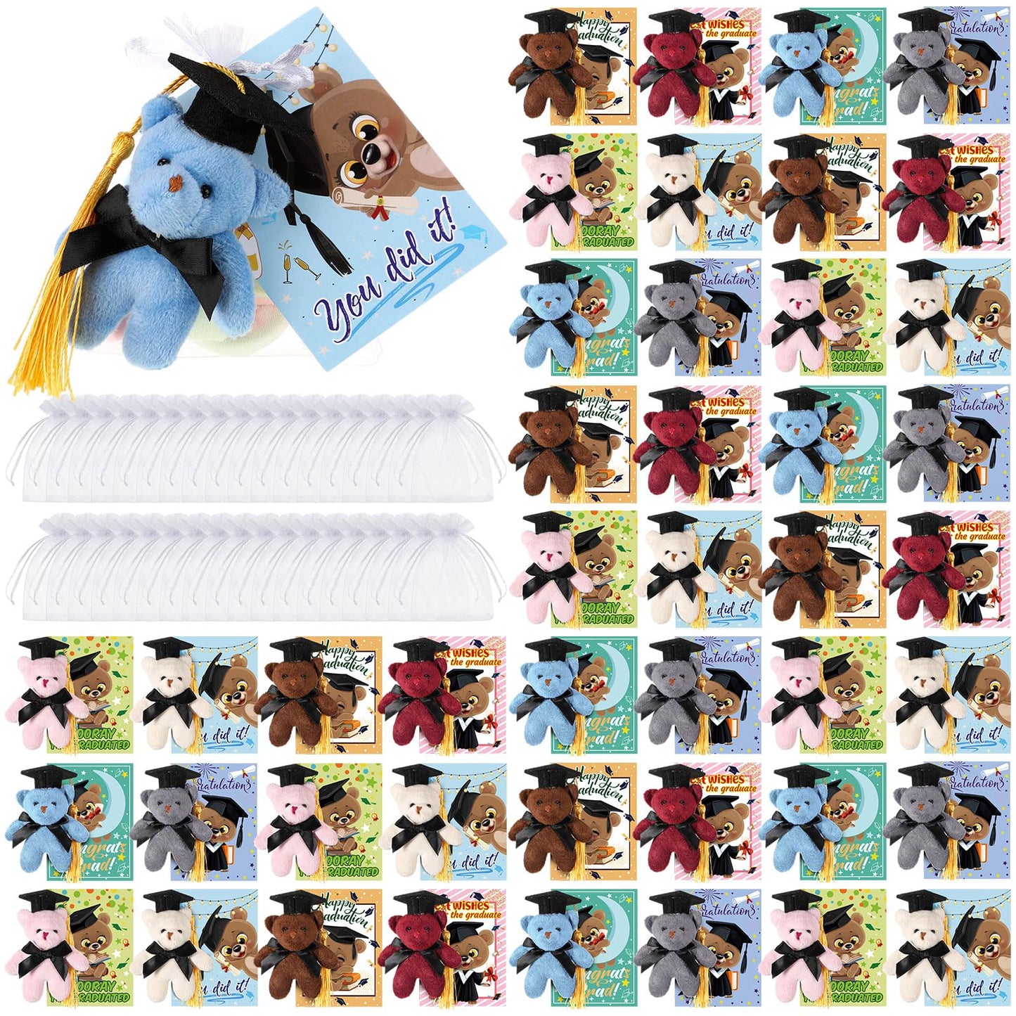 Hanaive 48 Set Mini Graduation Stuffed Bears Bulk 3 Plush Bear Class of 2025 Stuffed Animal with Cap Tie Grad Card Organza Bag