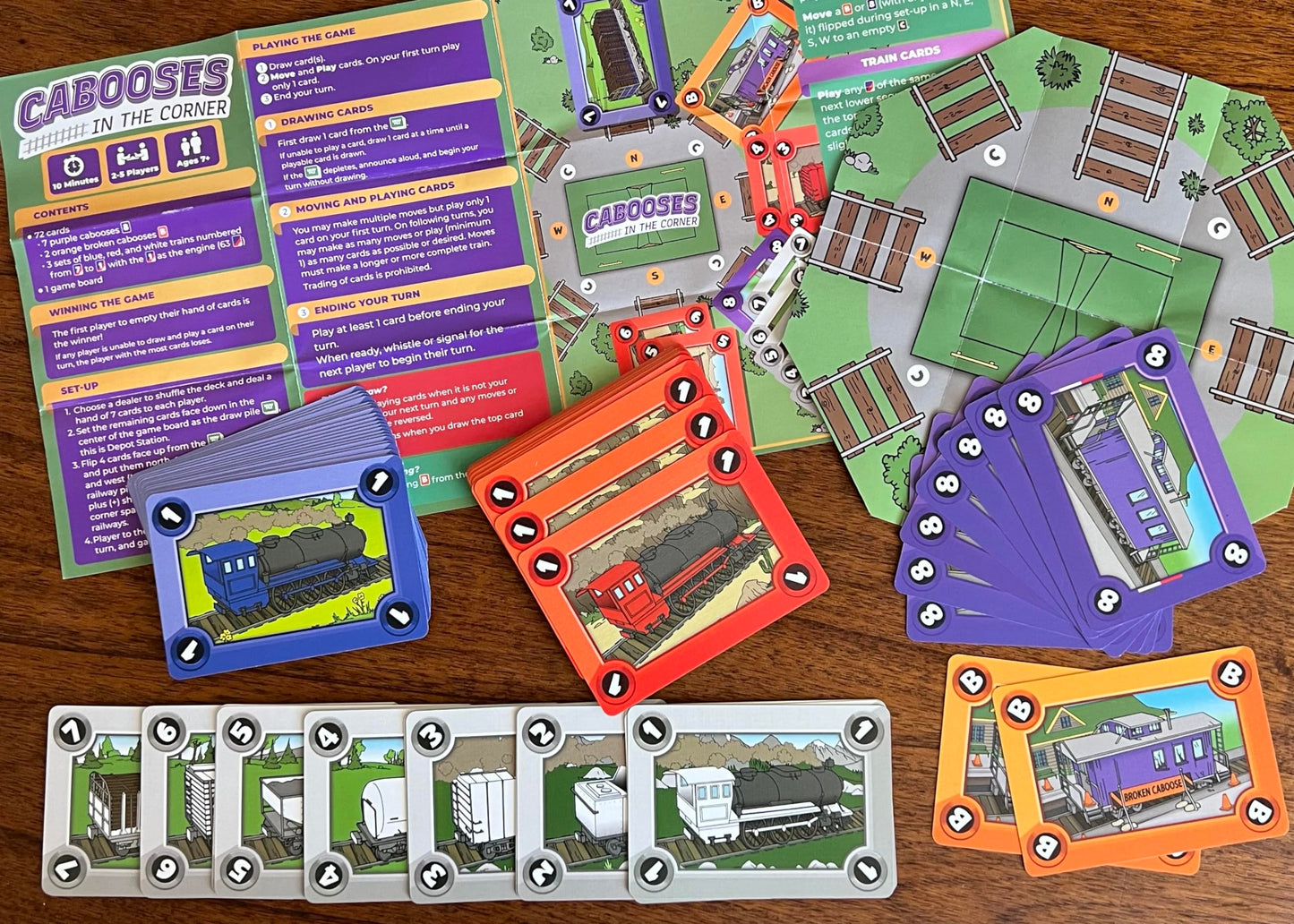 Cabooses In The Corner - Easy, Fun, & Educational Train Building Card Game - 2-5 Players - Colors, Numbers - English, Spanish - Ages 7+