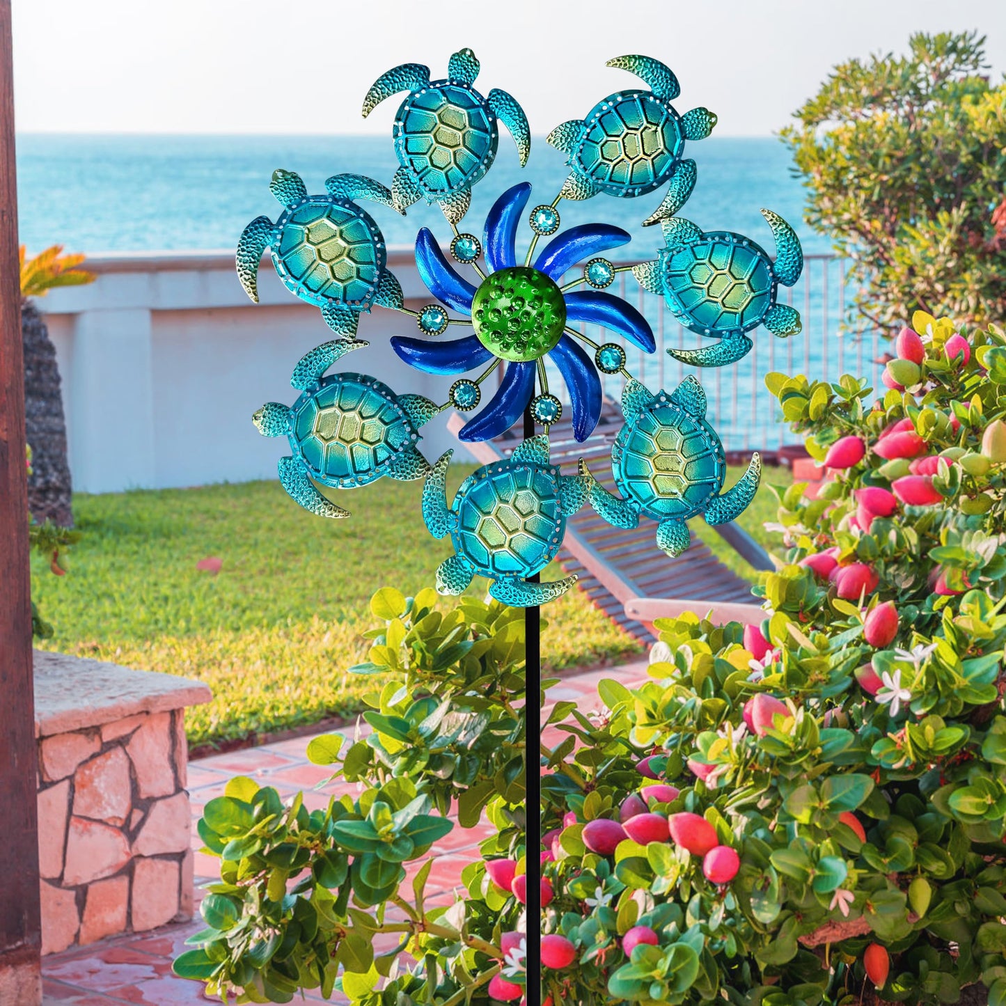 Coozzyhour 39'' Sea Turtle Wind Spinners Garden Stake-Ocean Theme Outdoor Decorations- Metal Stake Yard Spinner-Wind Sculpture Y