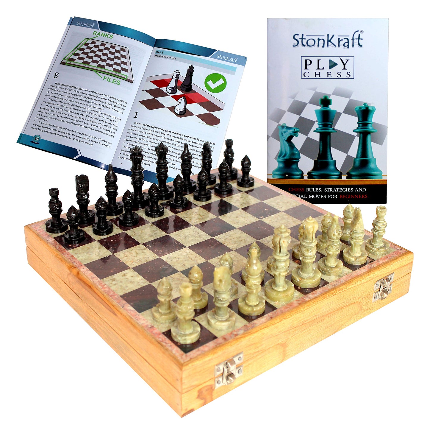 Stonkraft - 10' X 10' Chess Board With Wooden Base & Stone Inlaid & Stone Pieces Game Set