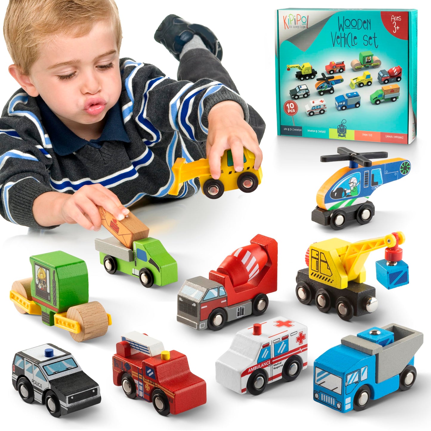 Kipipol 10 Pcs Wooden Train Set Accessories, Toddler Car Toys, Fits Thomas, Brio, Ikea, Melissa And Doug, Stocking Stuffers For Kids, Train Toys Gifts For Toddlers And Kids Ages 4-8 And Up