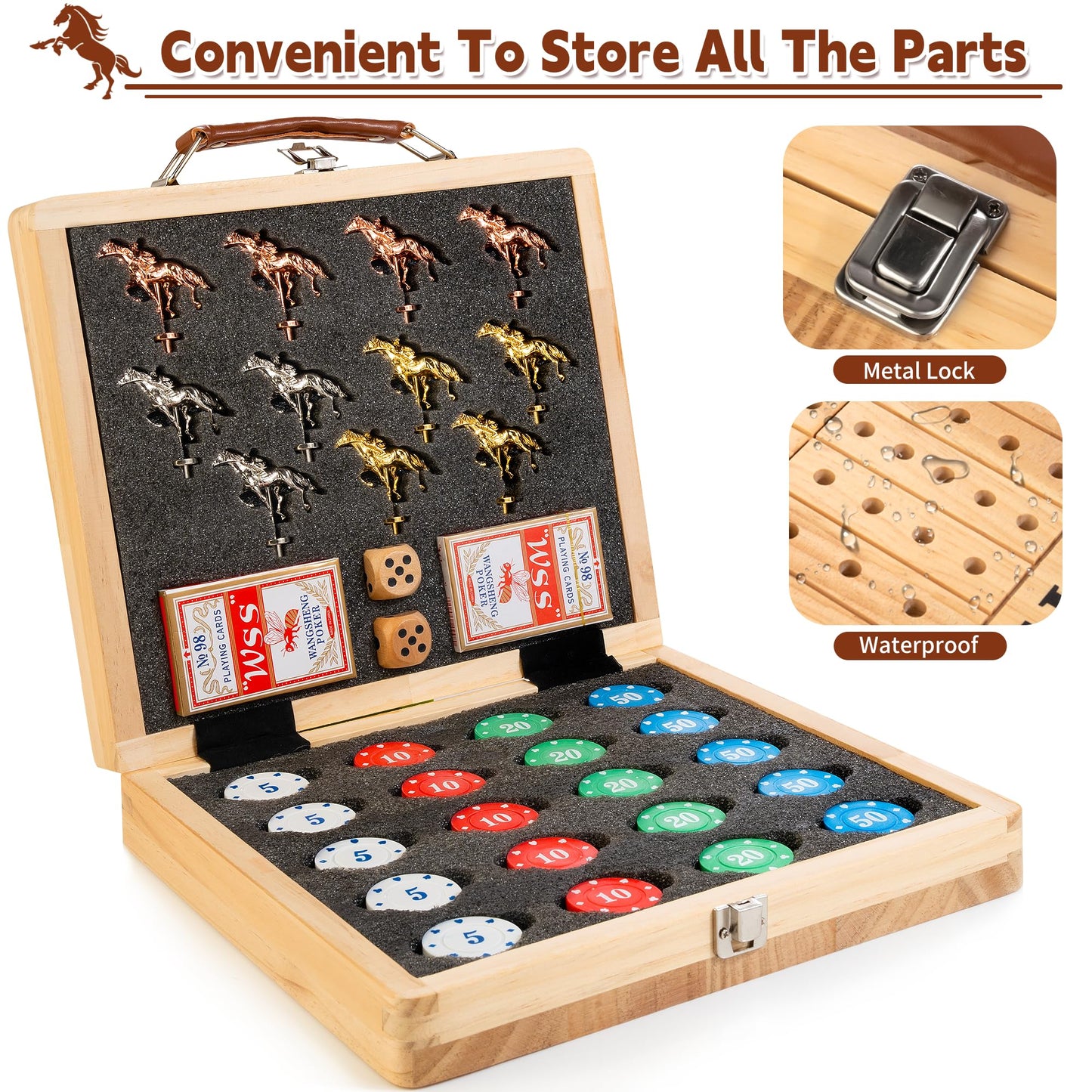 Bravmate Large 21 Inches Horse Race Board Game, Solid Wood Foldable Horse Racing Game With 11 Luxury Metal Horses, 2 Wooden Dice