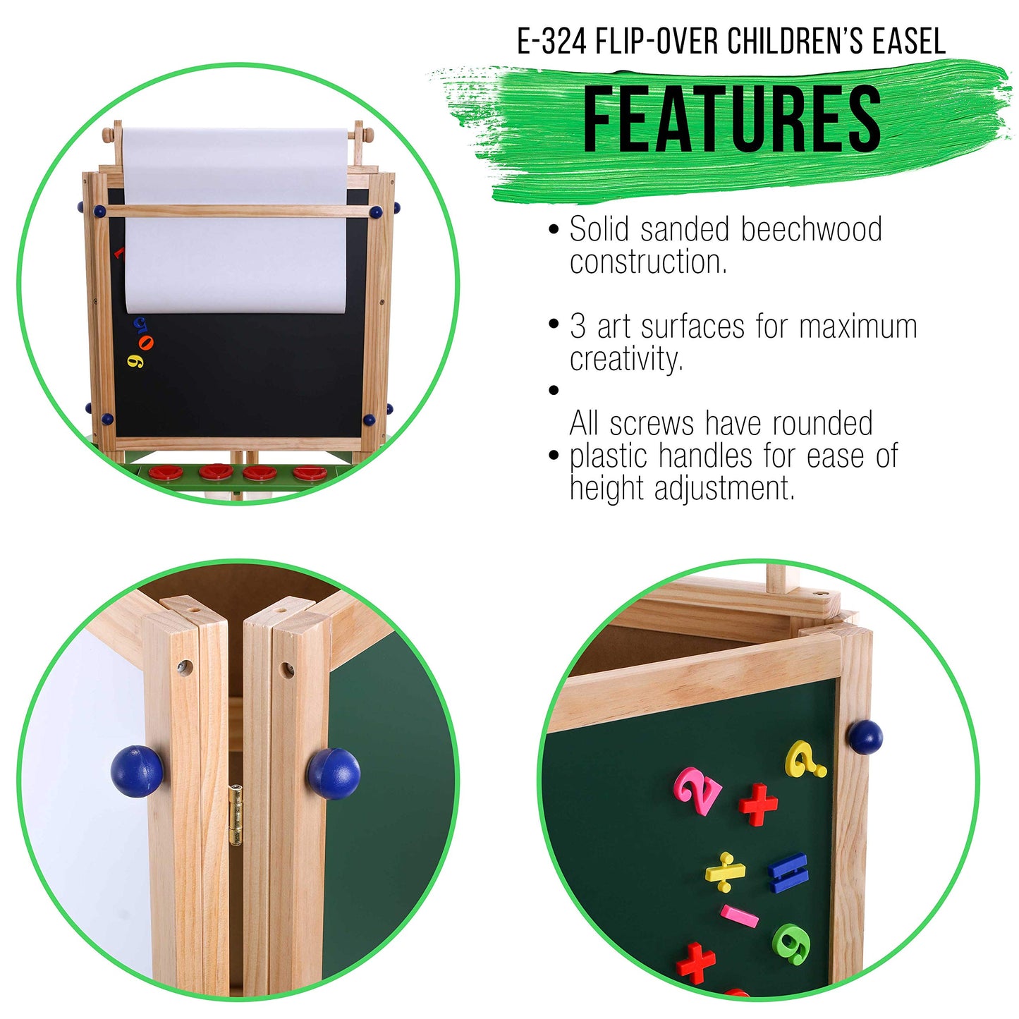 U.S. Art Supply Childrens 3-Sided Art Activity Easel with Chalkboard, Large Paper Roll, Shelf & Plastic Paint Cups