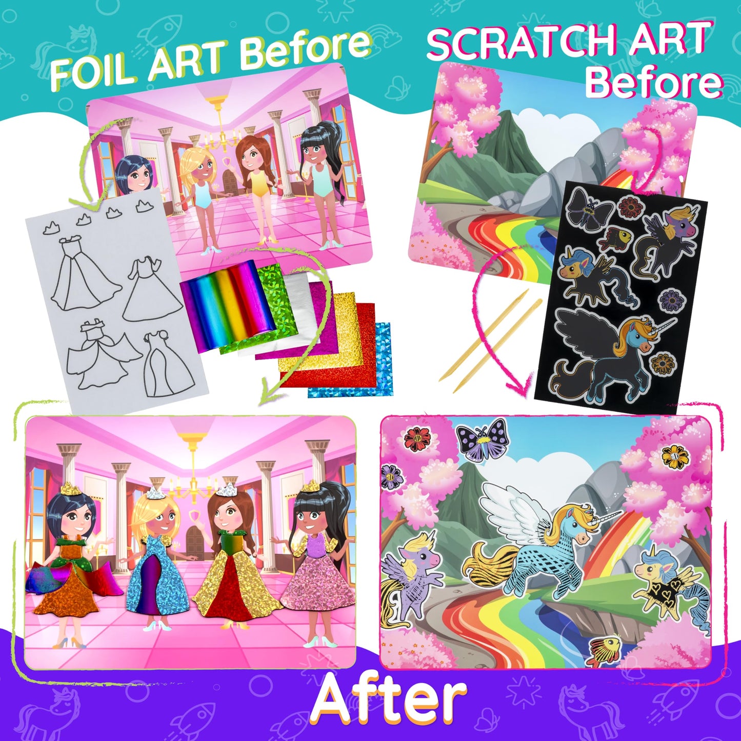Craftikit Award-Winning Unicorn and Princess Foil Art & Rainbow Scratch Art for Kids- 2-in-1 Arts and Crafts Kit for Kids Ages