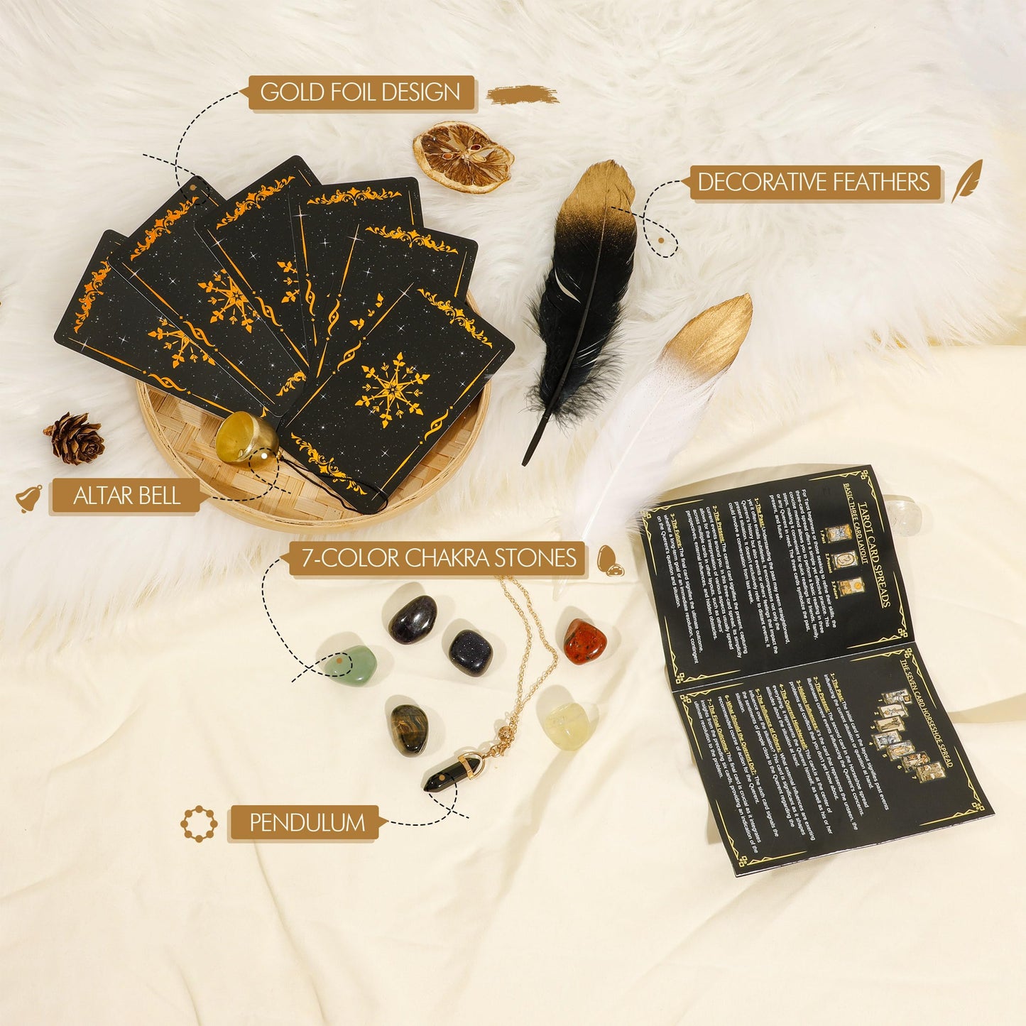 Tarot Cards With Guide Book, 78 Black Tarot Cards Set With Tarot Cloth, Chakra Stones, Tarot Bag And More, Classic Tarot Cards For Beginners Kit, Tarot Deck Fortune Telling Game