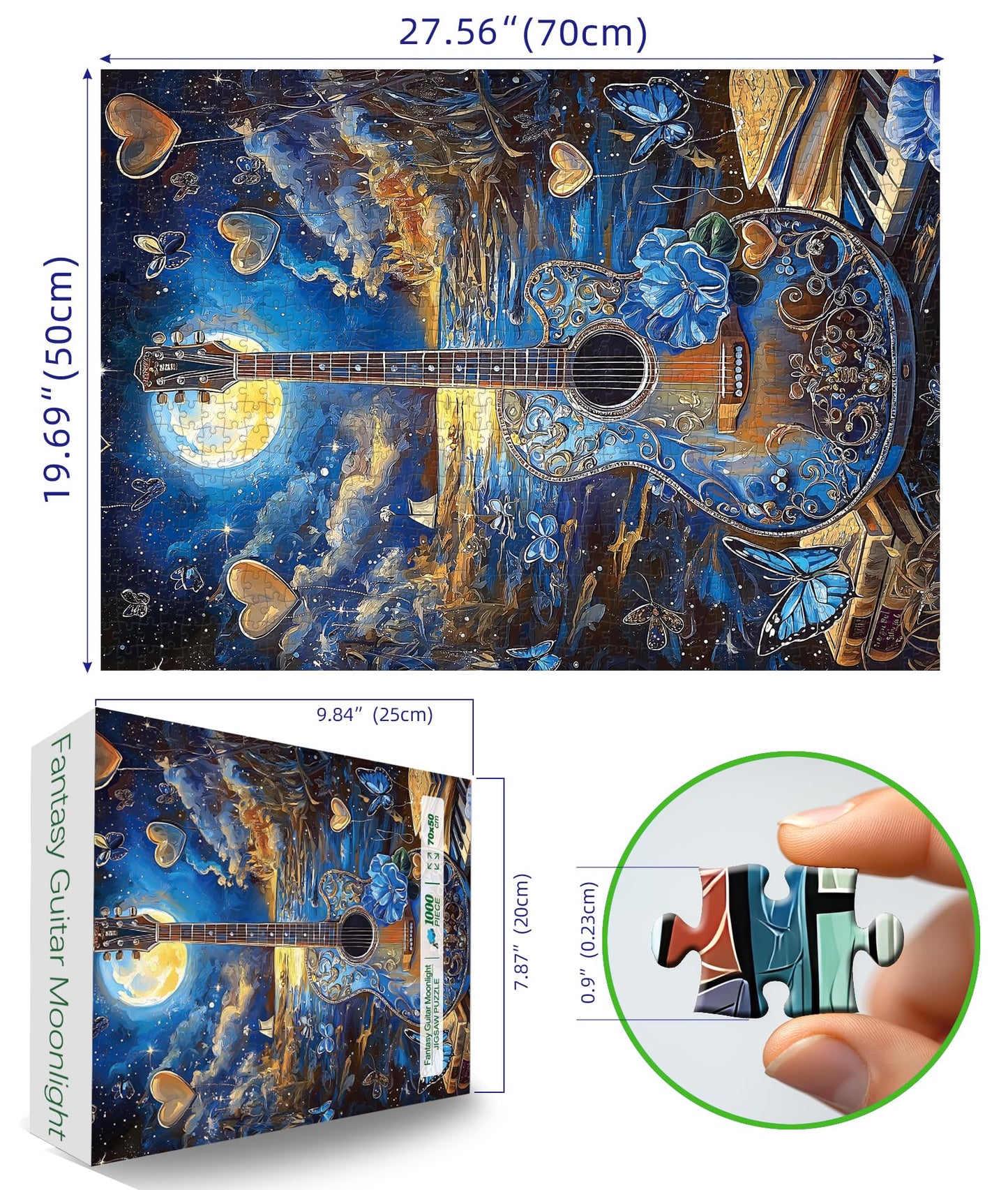 Miniwan 1000 Piece Jigsaw Puzzles For Adults- Fantasy Guitar Moonlight Puzzle - Blue Night Sky With Butterflies Challenging Puzz