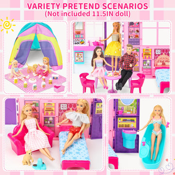 Style Shine Doll House Portable & Foldable Dollhouse W/ 60+ Pcs & 2 Dolls, Play House Toy With Bedroom Kitchen Pet House Camping