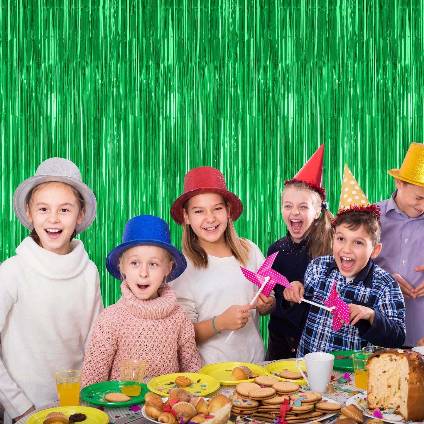 8 Pack Green Streamer, 3.28 FT x 7.05 FT Dinosaur Backdrop, Metallic Tinsel Backdrop FOI Fringe Curtains Party Streamer, Jungle