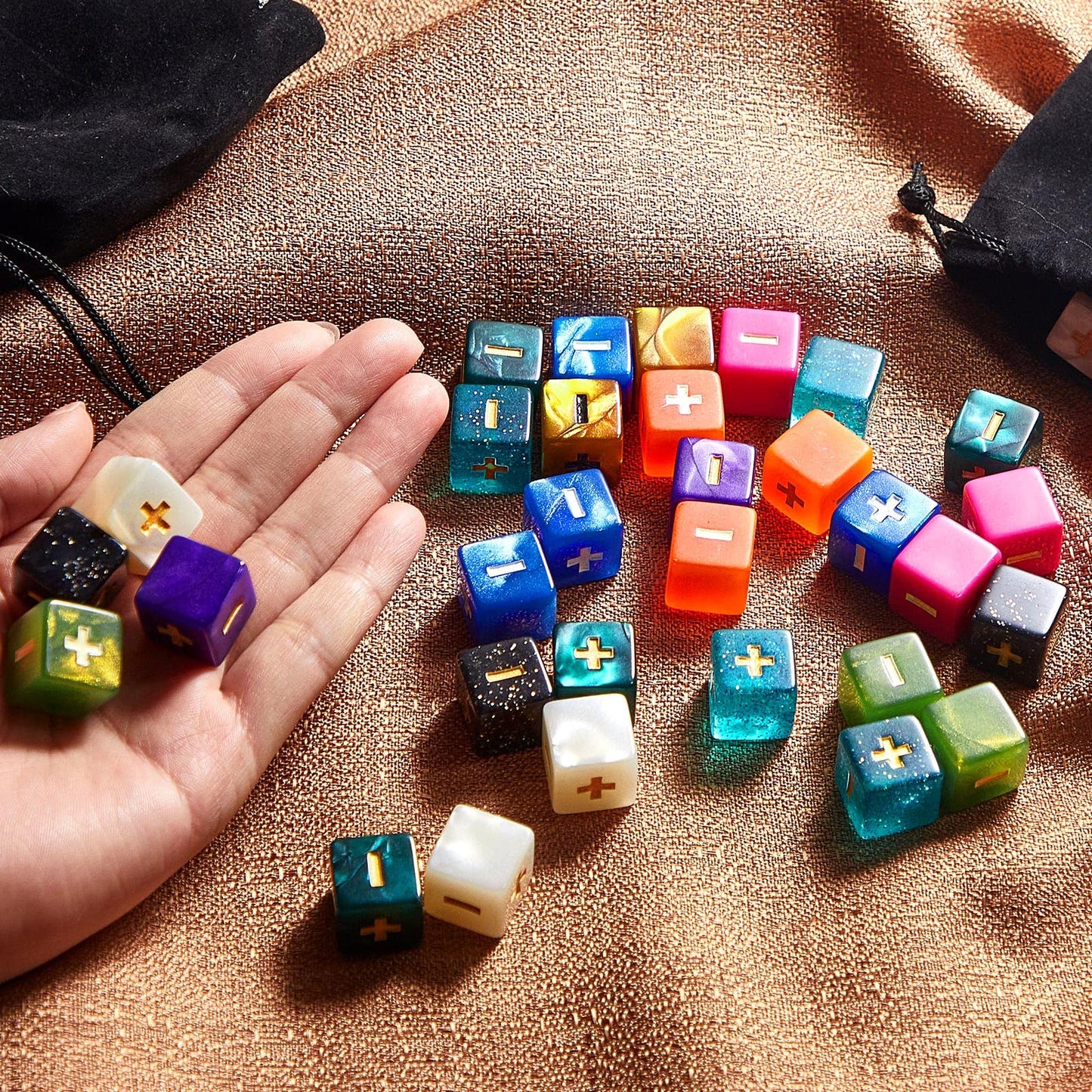 Sumind 40 Pcs Fudge Dice with 2 Black Velvet Bags Plus Minus Dice Multicolored Acrylic Dice Toys with Plus, Minus, and Blank Sid