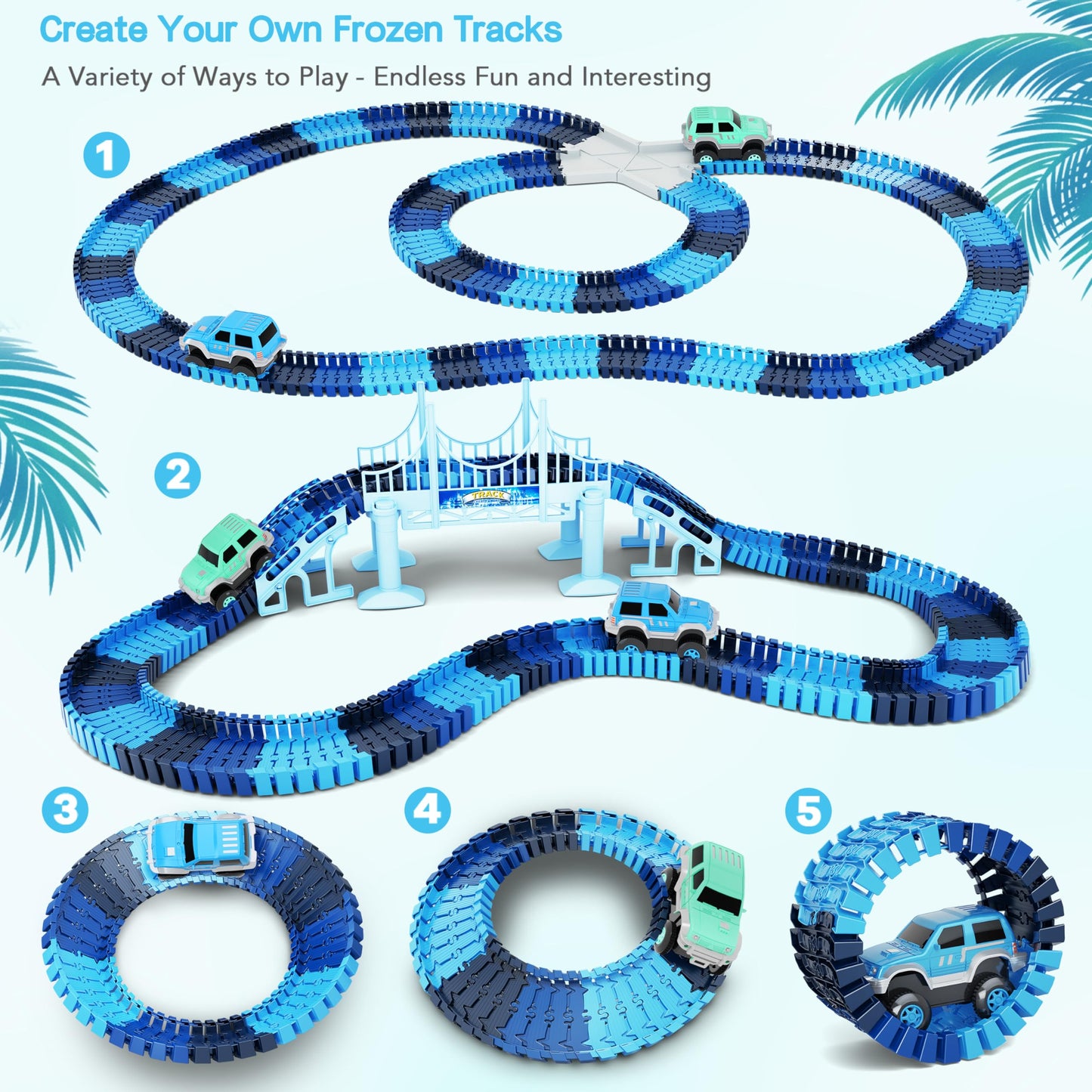 Track Car Toys, 269 Pcs Racing Tracks Toy, Create A Frozen World Race Road, Flexible Tracks Playset & 2 Pcs Cool Race Cars, Toddler Toys Birthday Gifts For Age 3 4 5 6 Year Old Boys Girls
