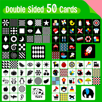 100 Pages Black White Colorful Baby Visual Stimulus Flashcard, 50 Pcs High Contrast Baby Flashcards Sensory Toys For Newborn Infant Gift (2 Levels 0-6 Months, 5.5” X 5.5”)