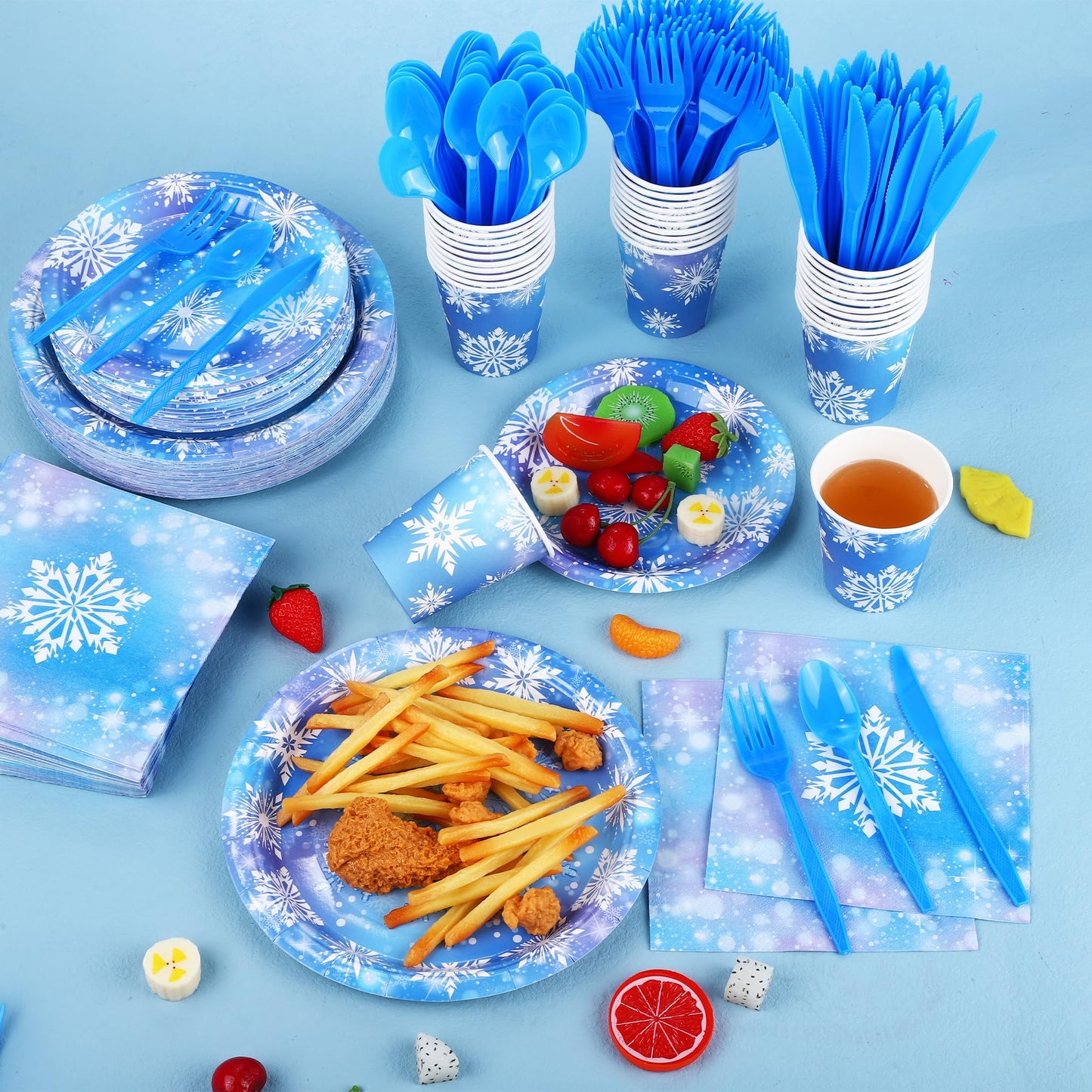 Durony 350 Pcs Frozen Birthday Party Supplies Winter Snowflake Frozen Plates Napkins Cups Plastic Cutlery Frozen Party Disposabl