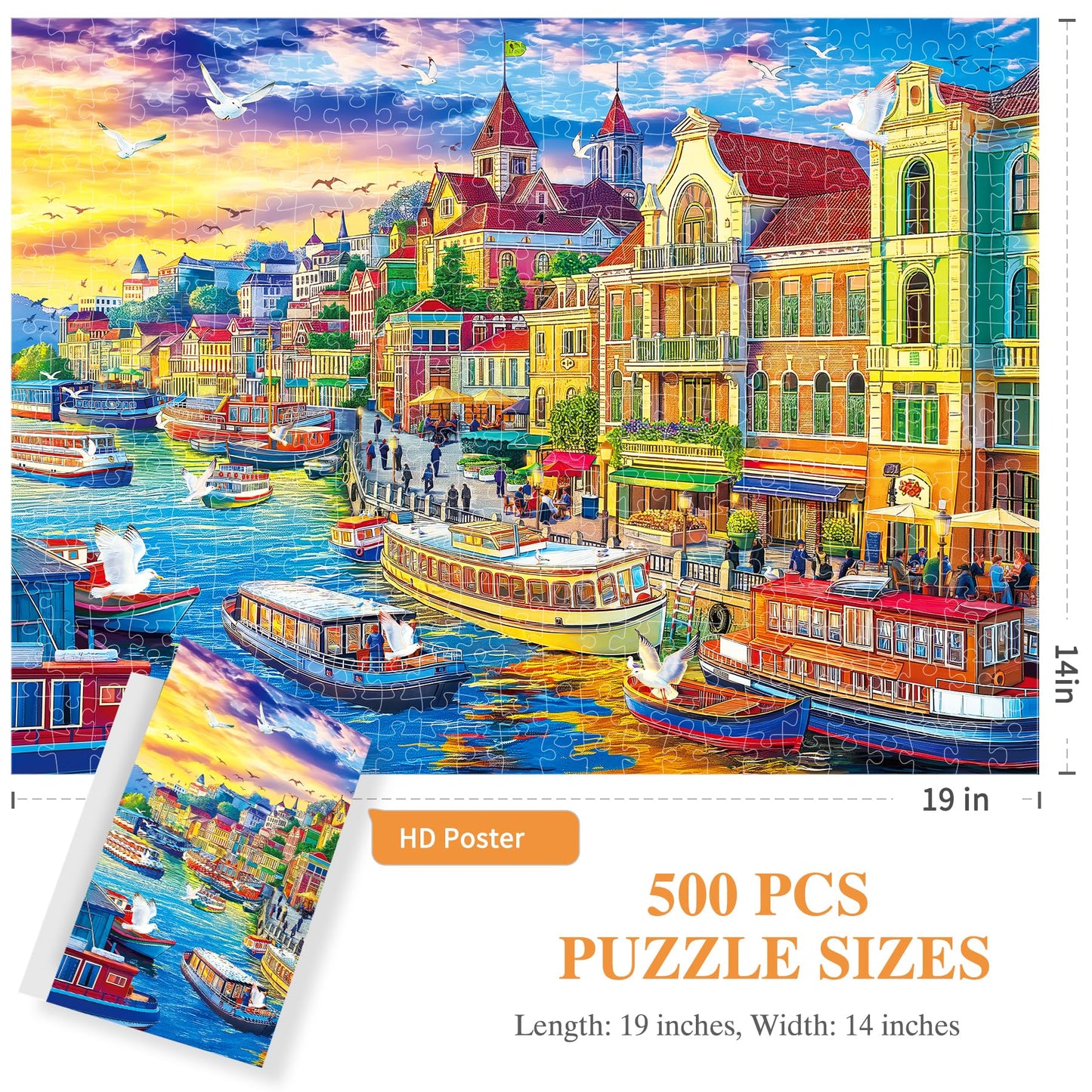 ALL4JIG Harbor City Fun Jigsaw Puzzles for Adults and Kids, 500 Pieces, 19 x 14, Christmas Secret Santa Gift, White Elephant Gif