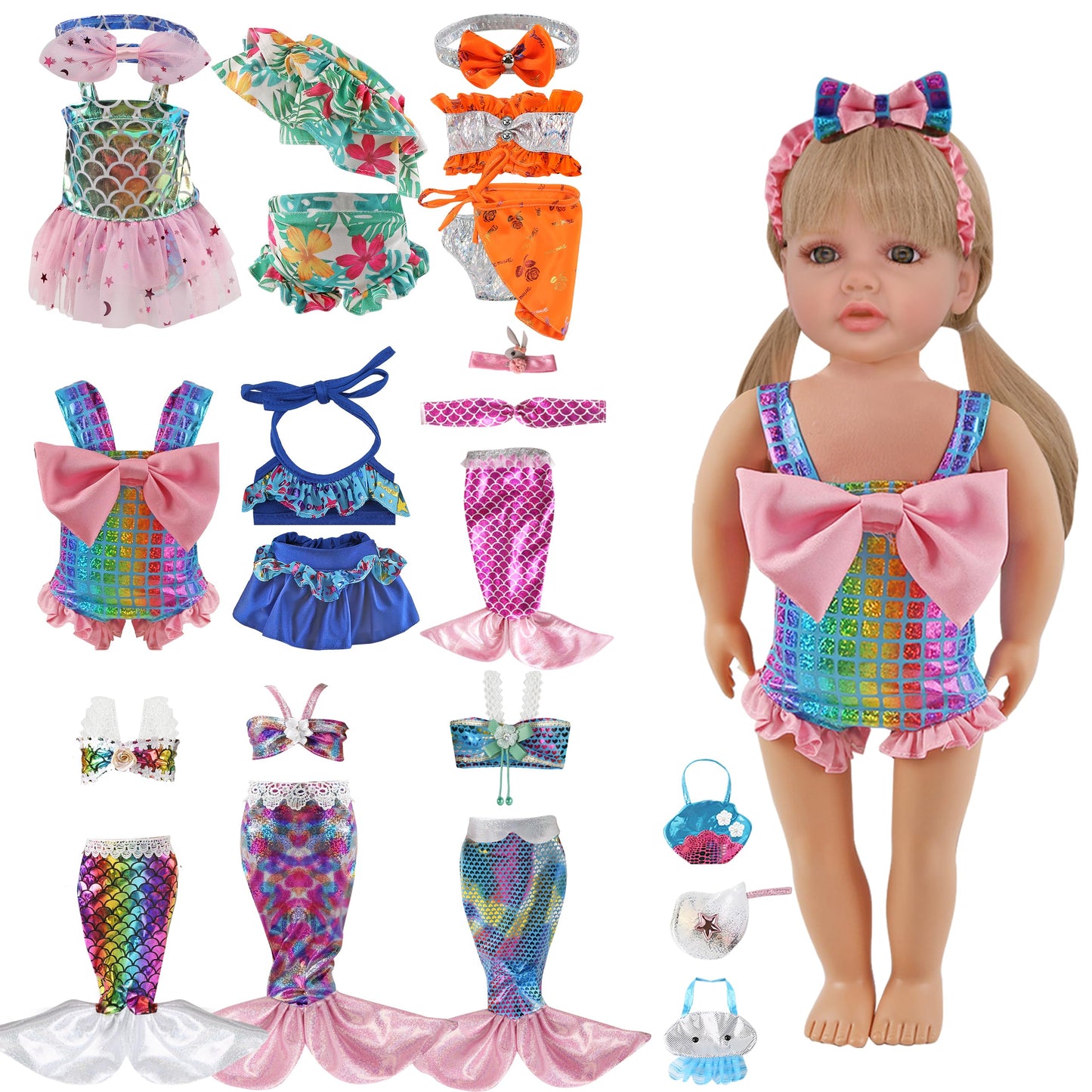 18-Inch Doll Swimwear 9-Piece Set - Seaside Pretend Play with Quick-Dry Tails & Bathing Suits | Beach & Pool Accessories for Gir