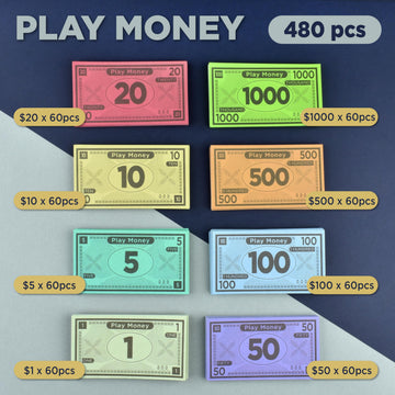 Play Money Suitable For Monopoly Board Game – 480 Pcs Of 60 Each Bill Denomination – Double Sides Printing Paper Money For Pretend Play Cashier, Monopoly Money Refill Packs - 480 Pcs
