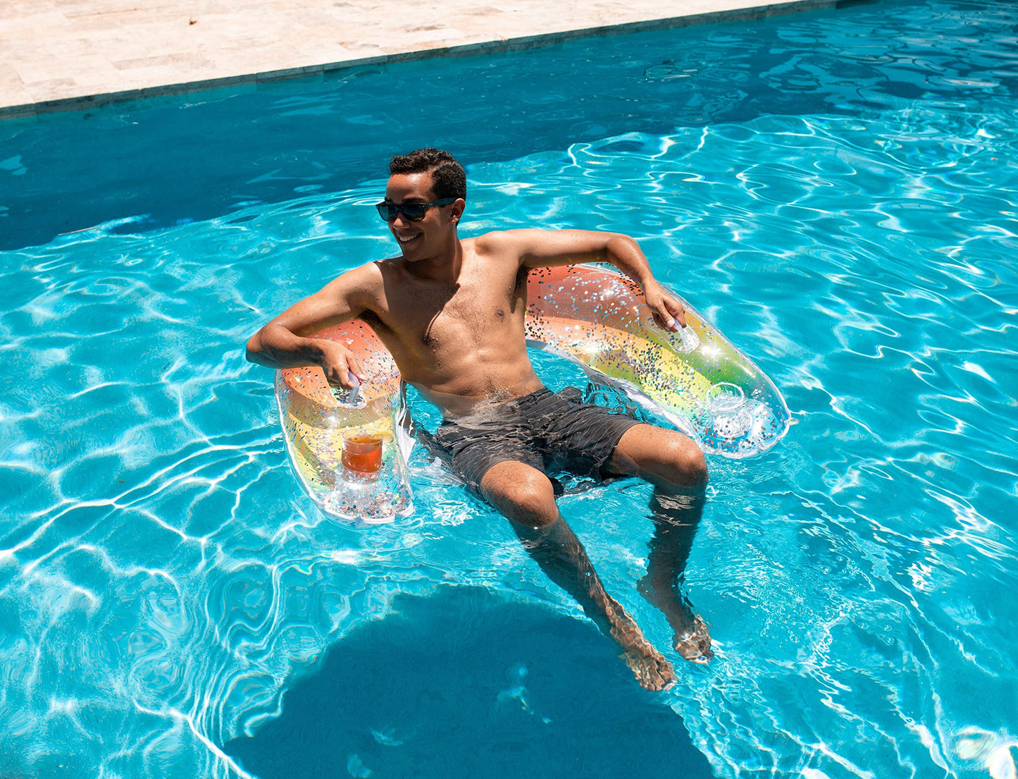 Poolcandy Sun Chair Water Raft, Multiple Chair Styles (Rainbow Haze + Glitter Sun Chair Pool Float)