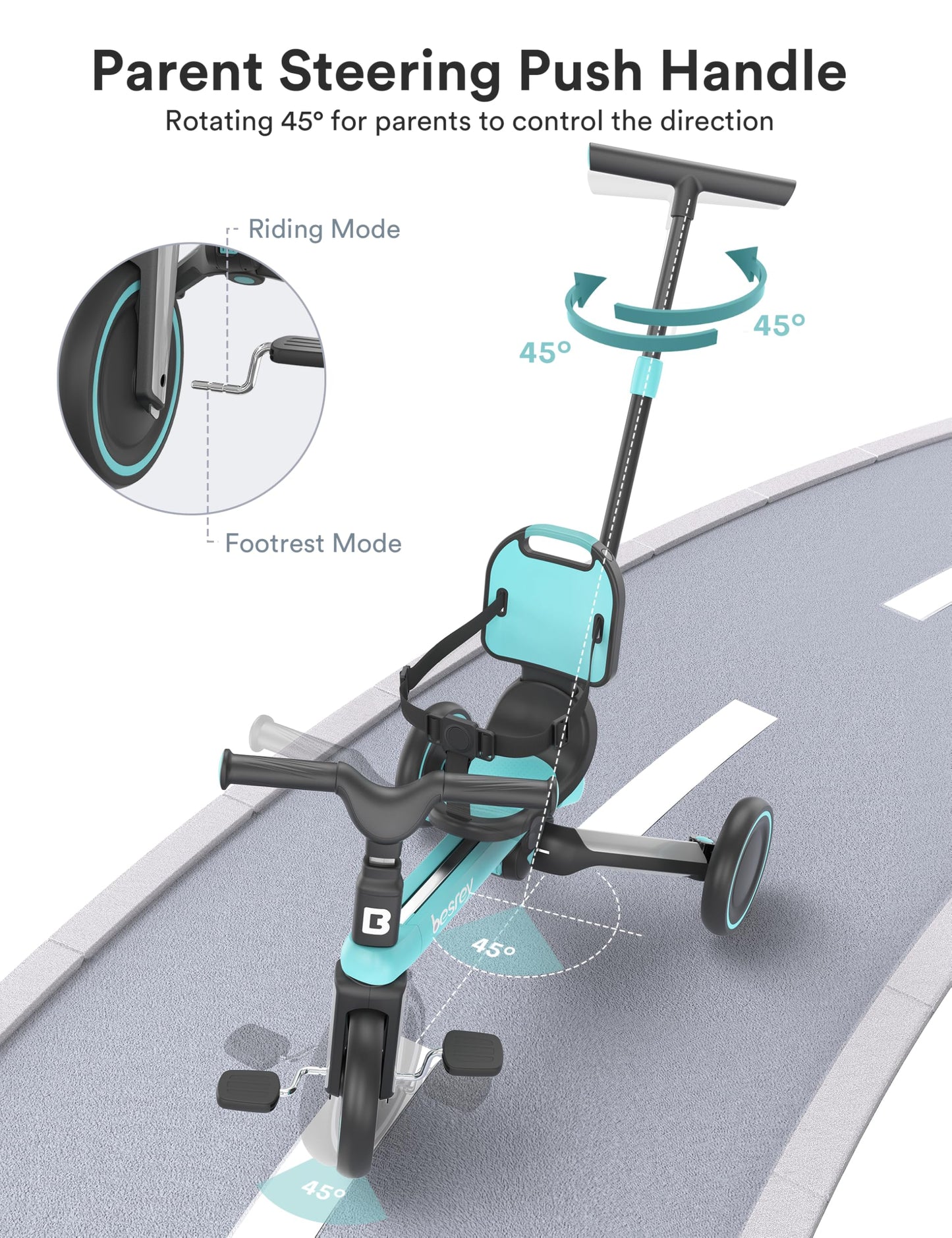 besrey Toddler Tricycle with Parent Steering Push Handle for 1-3 Years Old Girls and Boys, Toddler Bike with Removable Pedals an