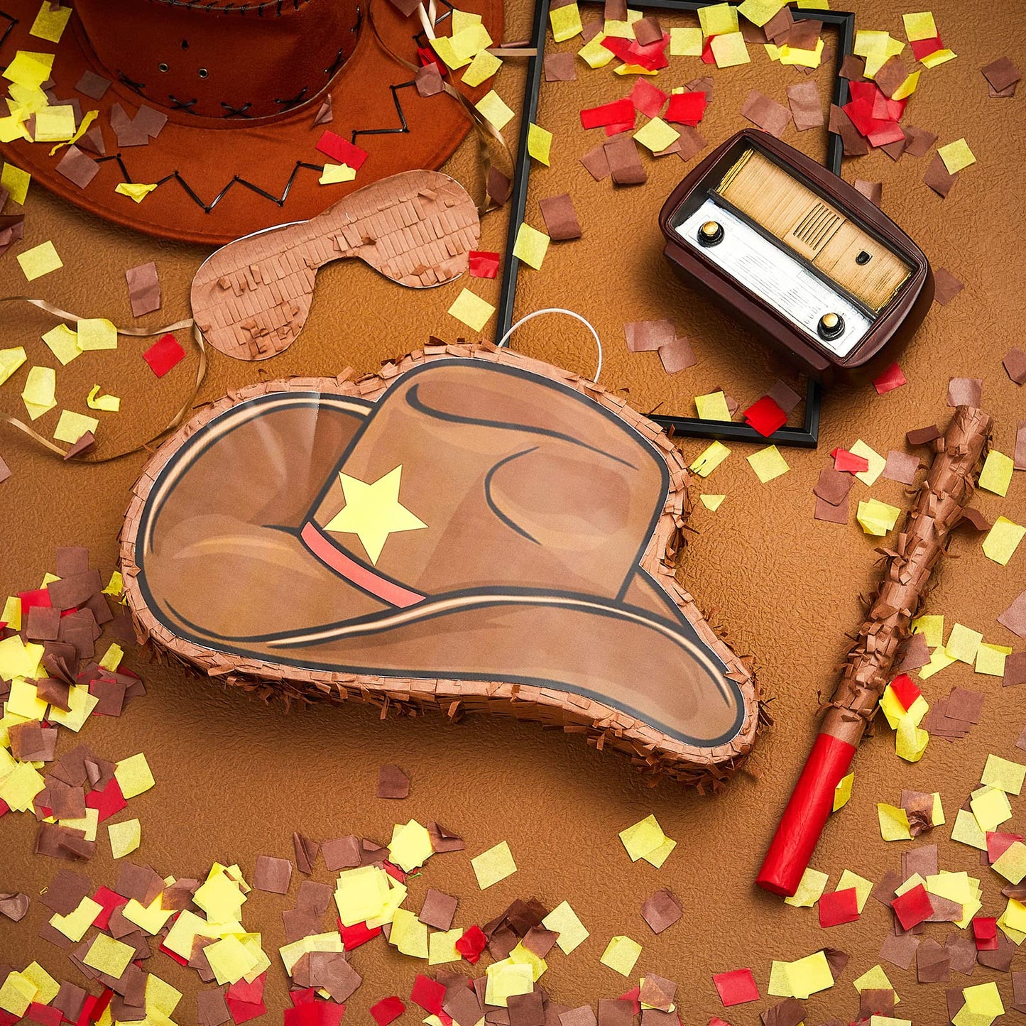 Lewtemi 15.7 Inch Cowboy Hat Piñata Western Cowboy Theme Birthday Party Decors Favors With Blindfold Stick Confetti Photo Prop Candy Holder Valentine'S Party Supplies(Simple)