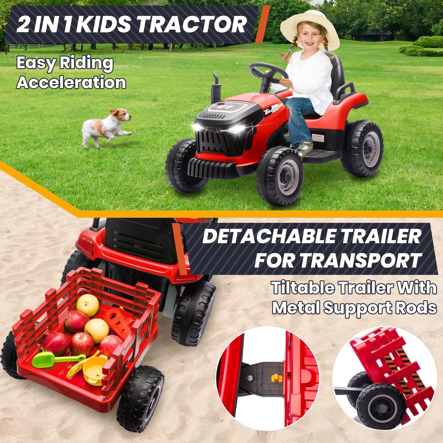Joyracer 24V Ride On Tractor For Kids, Ride On Toys W/400W Motors, Tiltable & Detachable Trailer, Adjustable Seat, Bluetooth, Mu