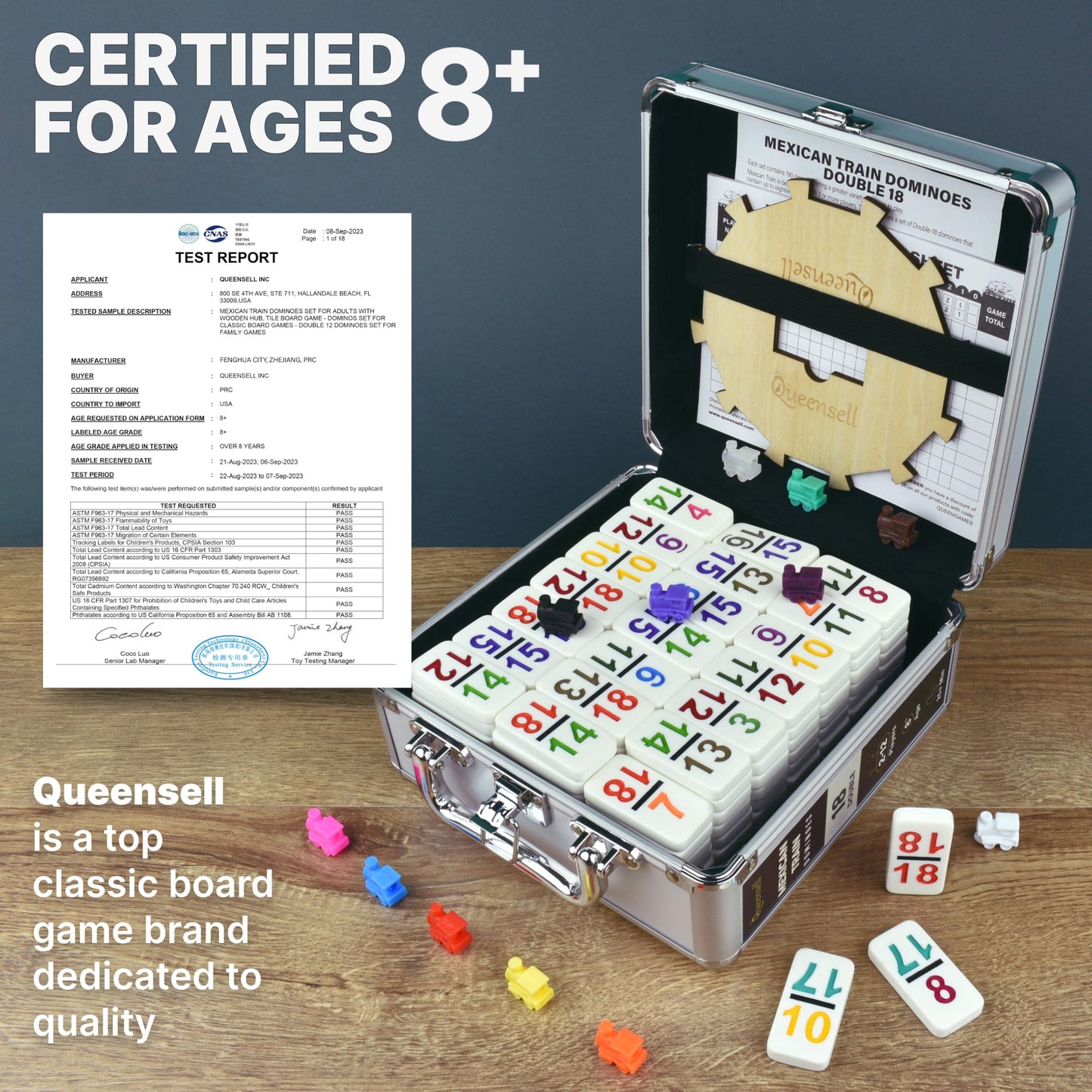 Queensell Mexican Train Dominoes Set With Numbers - Double 18 Dominos Set For Adults And Kids - Mexican Dominoes Train Game Night Games For Adults With Wooden Hub And Aluminum Case