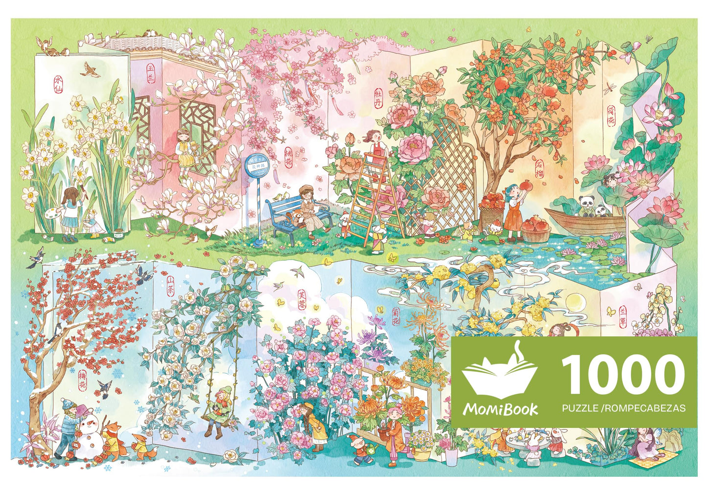 MOMIBOOK Puzzles for Adults 1000 Piece Jigsaw Puzzles of Flower Calendar, Photosensitive Discoloration Painting Image Four Seaso
