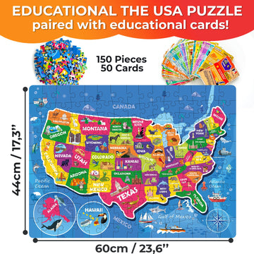 Quokka Puzzles For Kids Ages 8-10 - 150 Pcs Jigsaw Puzzles For 6-8 Year Olds - 400+ Facts On 50 Double-Sided Flashcards | Learn Usa | Education Activity Gift - Shaped Puzzles For Toddlers 4-6