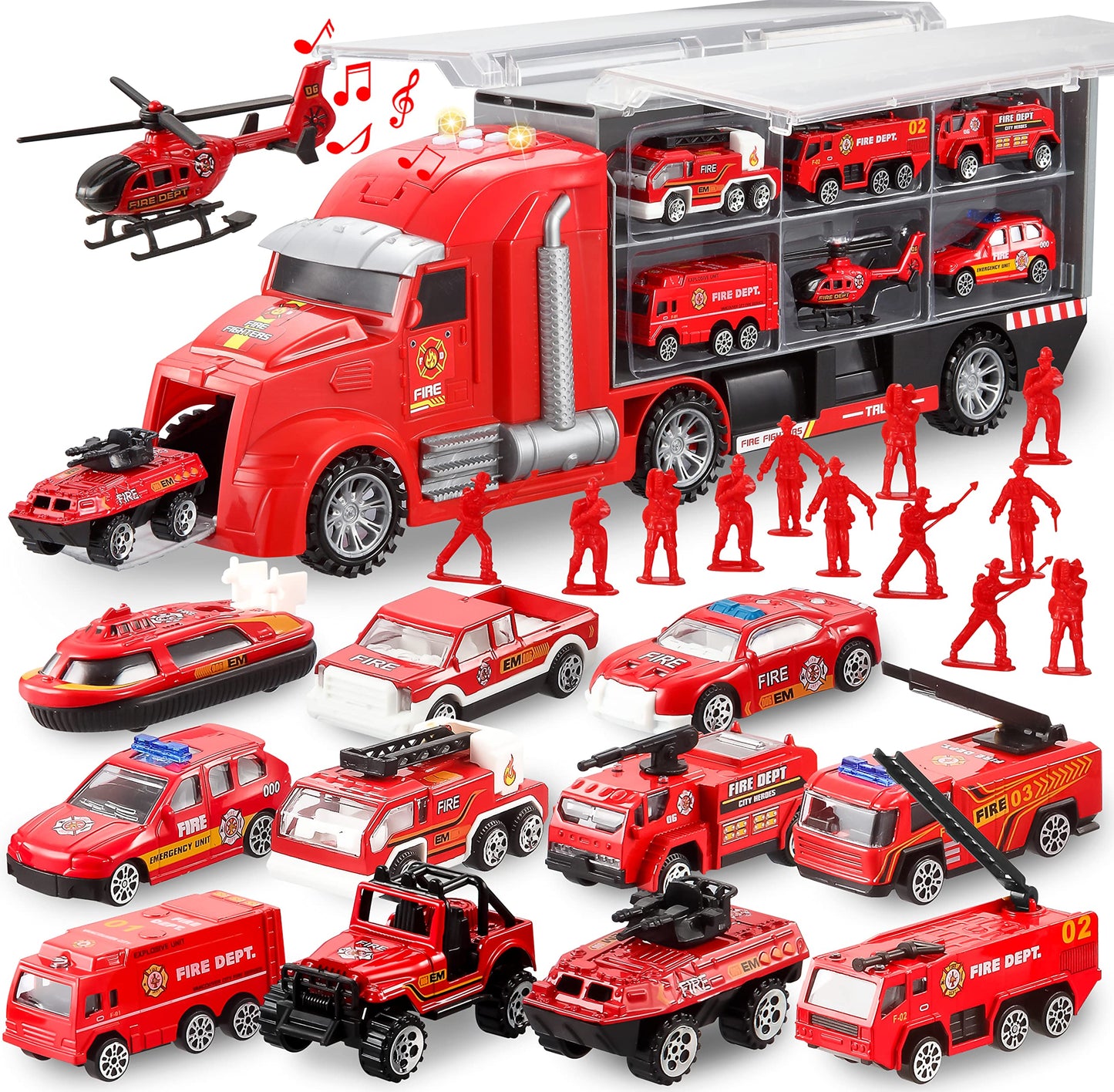 JOYIN 25 in 1 Fire Truck Vehicle Toy Set with Sounds and Lights, Fire Engine Vehicles in Carrier Truck, Mini Rescue Emergency Fi