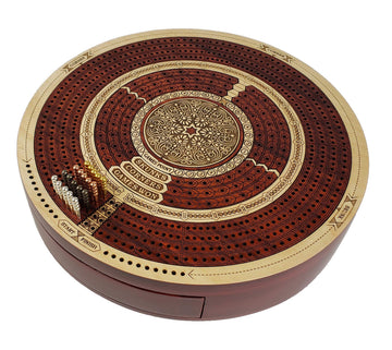 House of Cribbage Round 4 Track Cribbage Board - Bloodwood & White Maple, Card Storage Drawer, Model 80RND-09-WB-4T-120-DR.