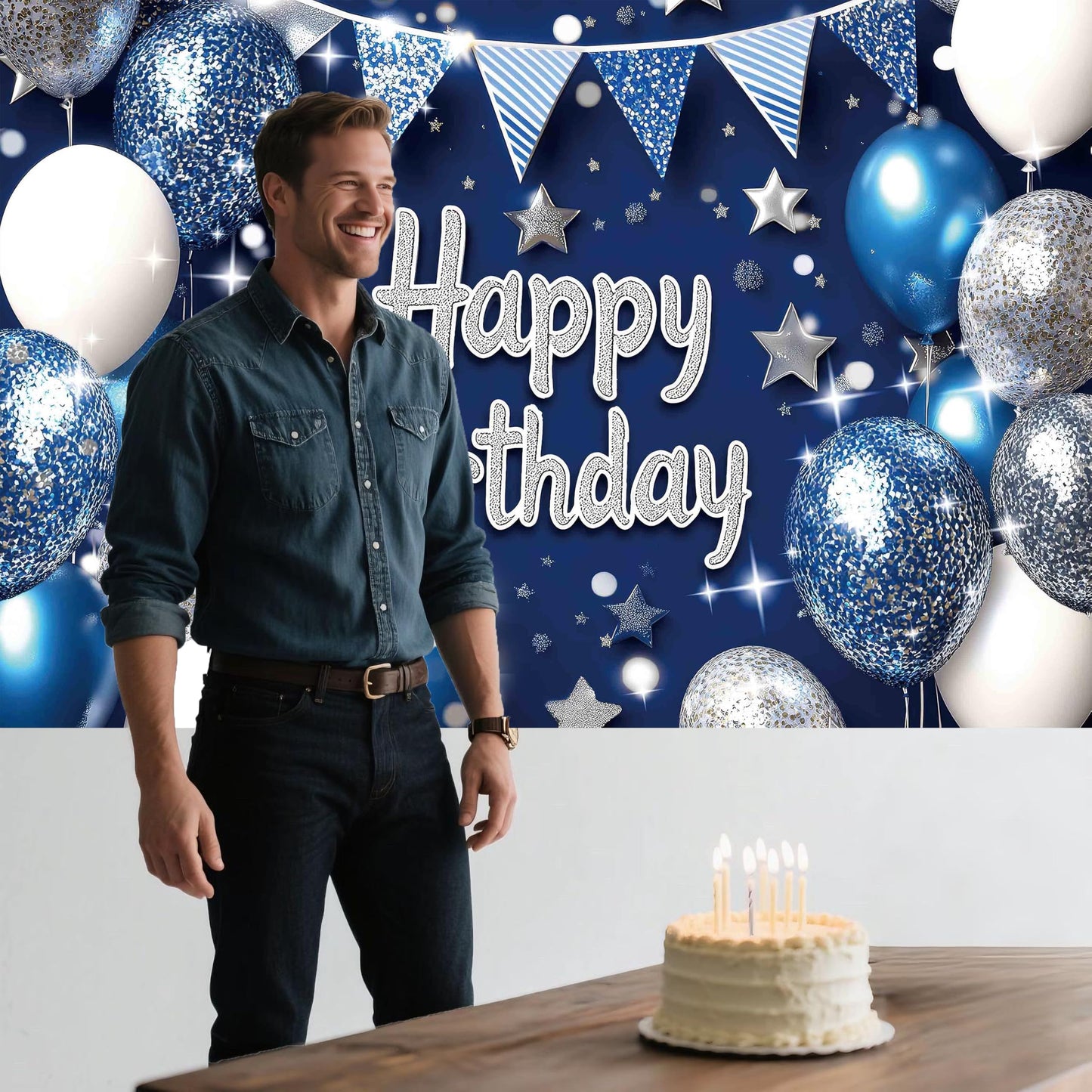 Yilzo Backdrop Blue Silver Balloon Star Happy Birthday Banner 70.8 x 47.2 Inch Photography Background for Men Party Supplies