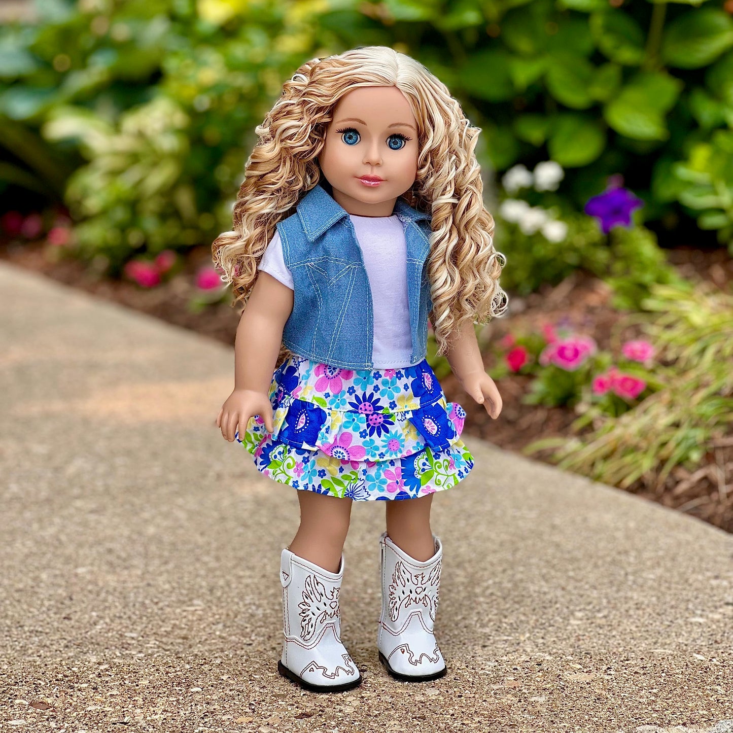 Feeling Happy - 4 Piece Outfit - Skirt, White T-Shirt, Blue Jeans Vest And White Cowgirl Boots - Clothes Fits 18 Inch Doll (Doll Not Included)