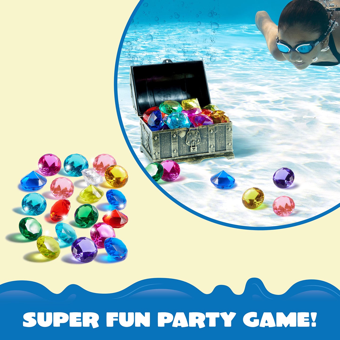 Sloosh Diving Gems Pool Toys, 16 Big Colorful Diamond With Pirate Treasure Chest,Swim Dive Toy For Kids Underwater Gemstone Swimming Training Gift Water Pool Games(Gold)