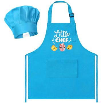 R HORSE 2 Pcs Kid Apron and Chef Hat Set, Adjustable Children Blue Kitchen Apron Cooking Baking Painting and Training Kits Dress