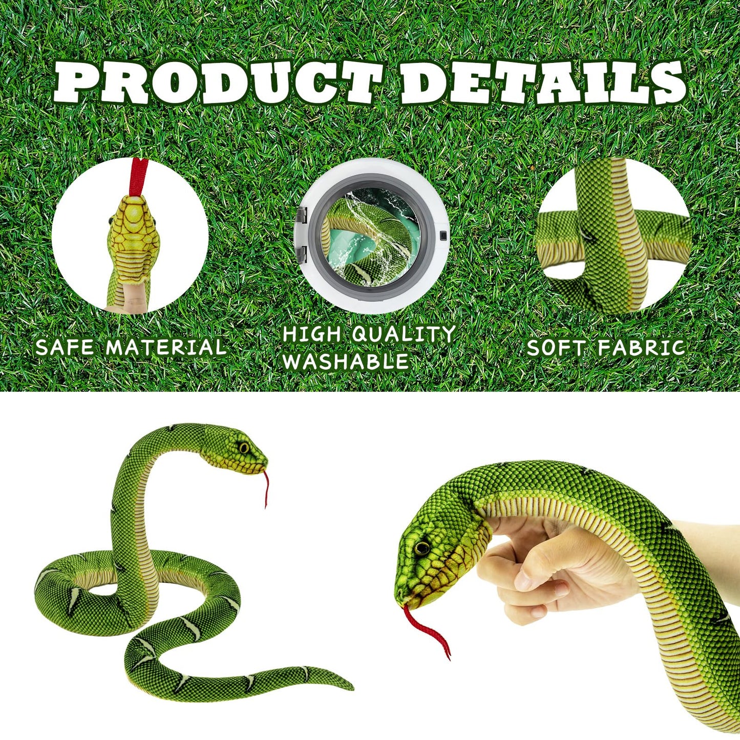 Yohaki Snake Plush Toy, 52'' Washable Simulated Snake Plush Giant Cuddle Toy, Soft And Cute Kids Gift For Boys And Girls, Birthd