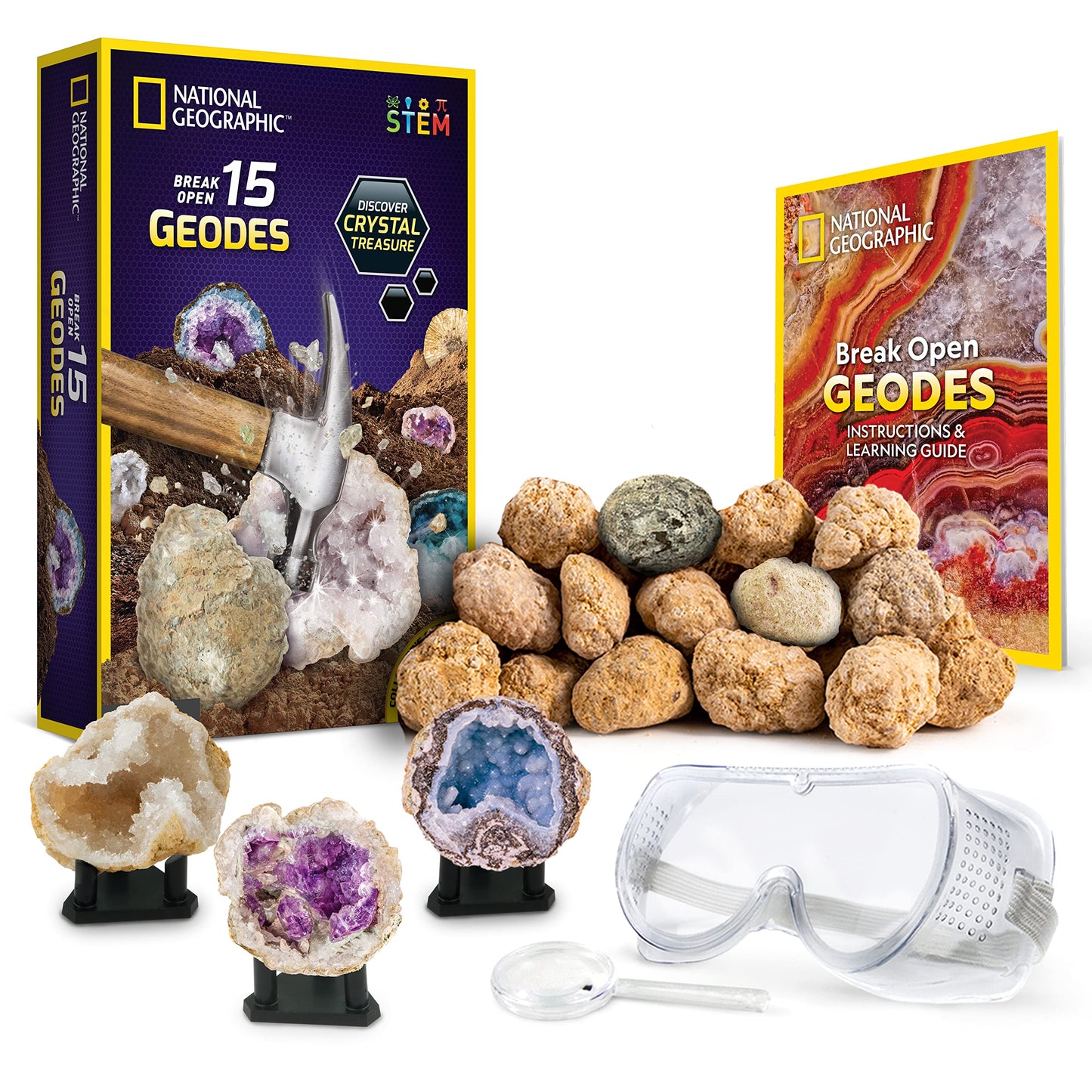 National Geographic Break Open 15 Premium Geodes - With Goggles, Detailed Learning Guide, 3 Display Stands, Great Stem Science T