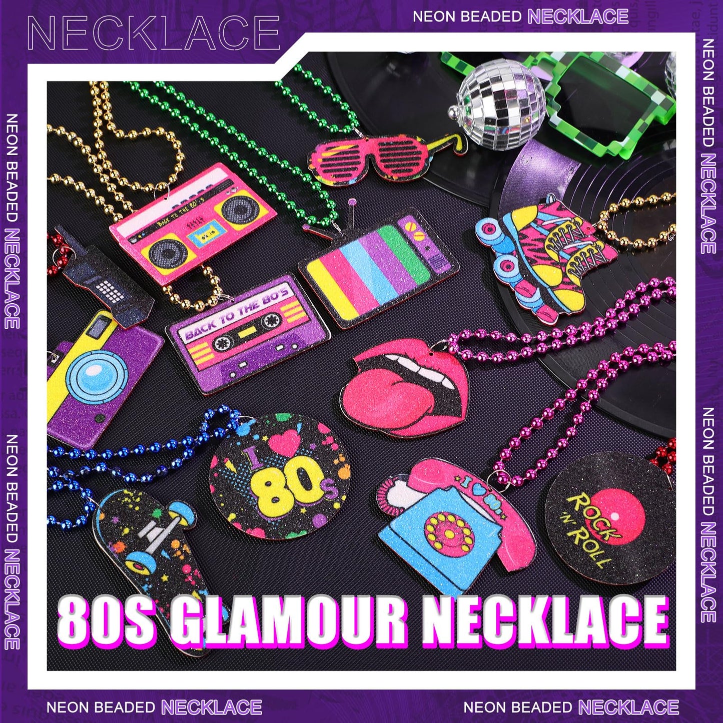 Tigeen 48 Pcs 80s Beaded Necklaces Metallic Neon Beads Retro Glow Party Disco Necklaces Bulk Colorful Rock Music Necklace for Wo