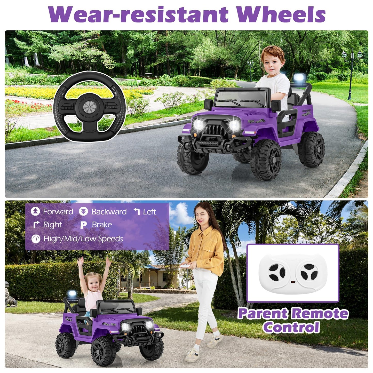 Olakids Ride On Truck, 12V Battery Powered Electric Vehicle For Kids With Remote Control, Bluetooth, Power Display, Led Lights, Music Player, Ride On Toy For 3+ Boys Girls (Purple)