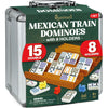 Queensell Double 15 Mexican Train Dominoes Set with 8 Wooden Holders - Aluminum Hub & Tiles, Perfect for Family Game Night
